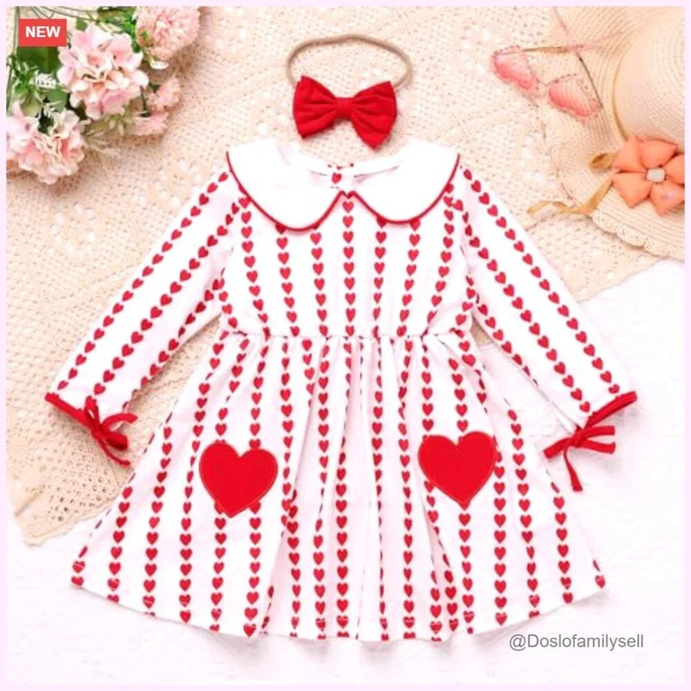 Toddler Girl Long Sleeve Peter Pan Collar Gingham Heart Dress with Bow Headband